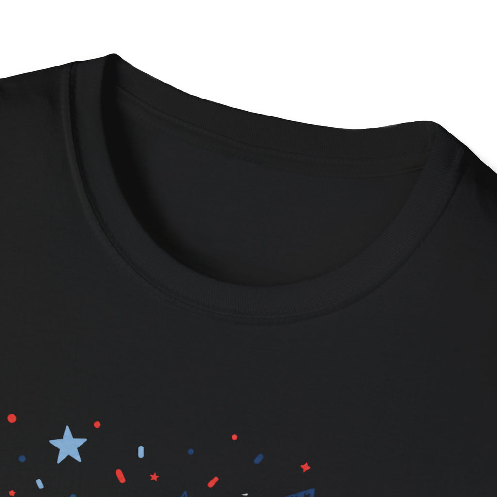 Patriotic Doodle Collage T-Shirt, Cute 4th of July Bow Heart Flag Confetti Tee, Whimsical Festive America Shirt, Coquette Patriotic Icon Scatter Gift