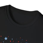 Patriotic Doodle Collage T-Shirt, Cute 4th of July Bow Heart Flag Confetti Tee, Whimsical Festive America Shirt, Coquette Patriotic Icon Scatter Gift