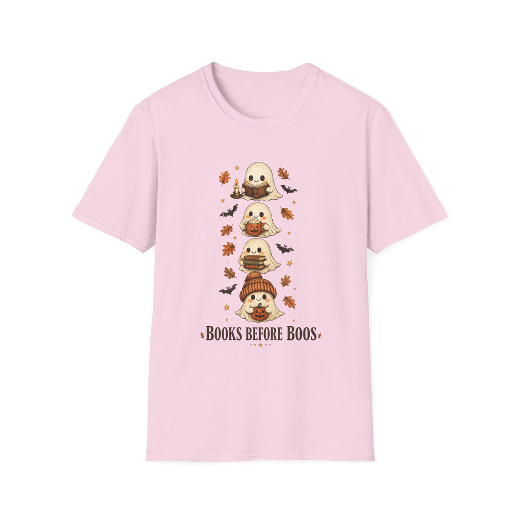 Ghost Stack T‑Shirt — "Books Before Boos" Cute Halloween Reading Tee