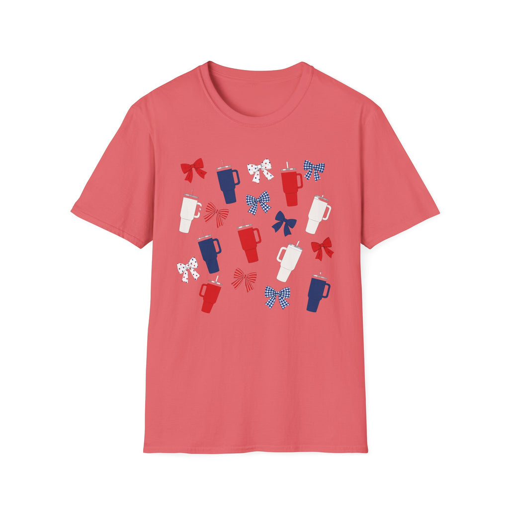 Patriotic Coffee Lover T-Shirt, Americana Bow Graphic Tee, Fourth of July Iced Drink Shirt, Cute Summer Cafe Apparel, Coquette USA Outfit