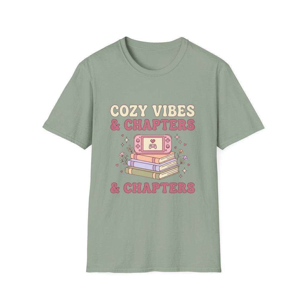 Cozy Vibes & Chapters T-Shirt — Cute Gamer + Booklover Graphic Tee