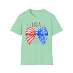 USA Patriotic Bow Tee, Red White Blue Fireworks Shirt, Cute American Pride Graphic Top, Fourth of July Celebration Outfit T-Shirt