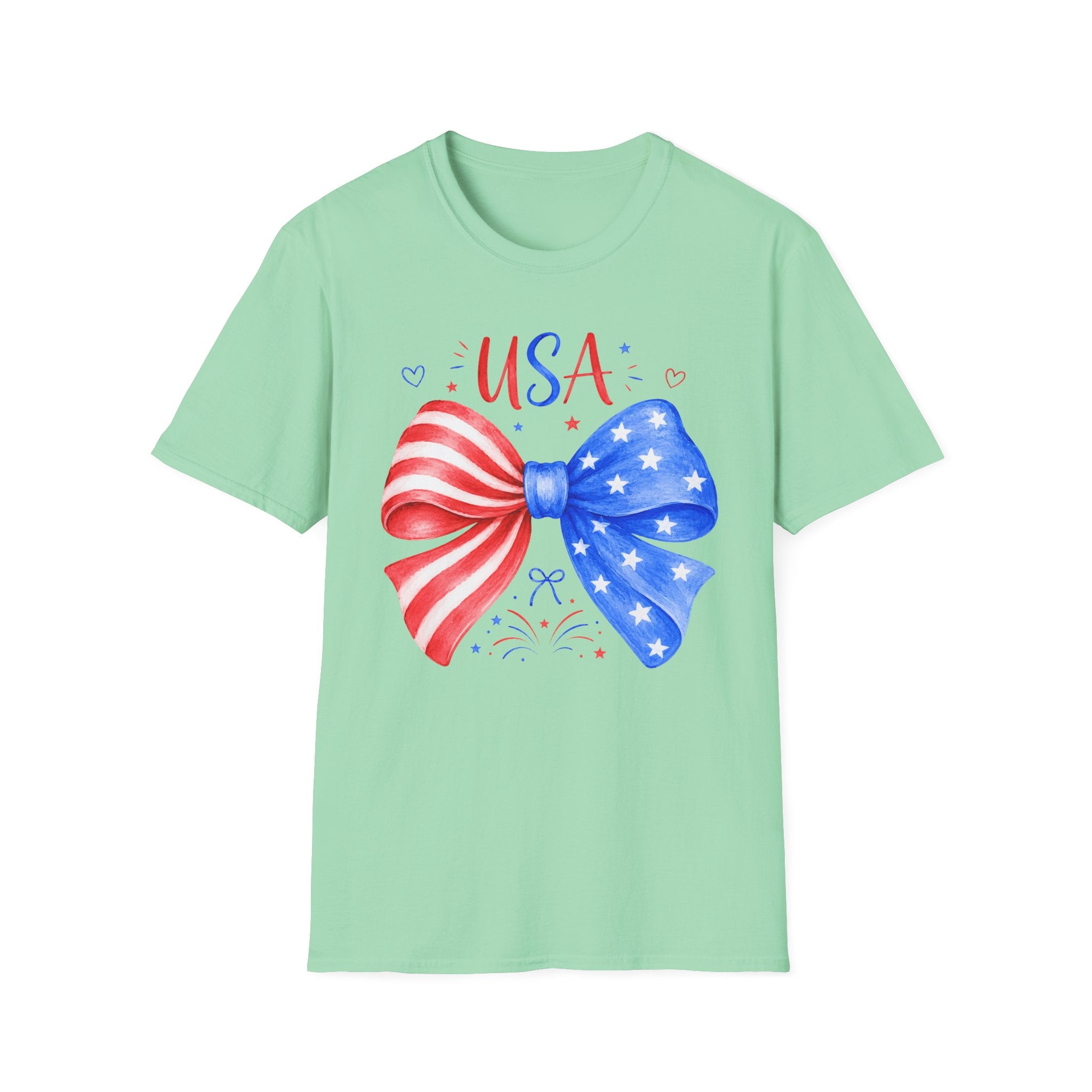 USA Patriotic Bow Tee, Red White Blue Fireworks Shirt, Cute American Pride Graphic Top, Fourth of July Celebration Outfit T-Shirt