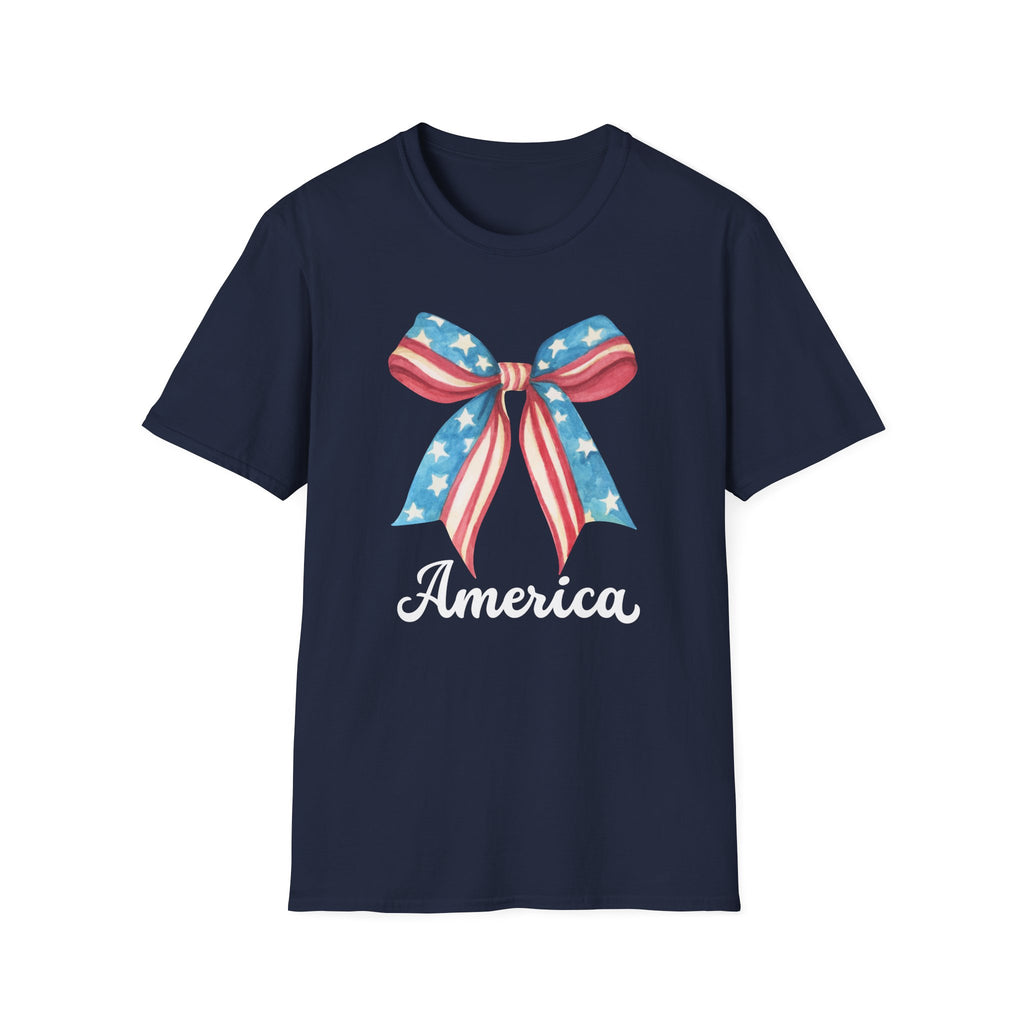 Coquette Patriotic Bow Shirt, 4th of July Women's T-Shirt, American Flag Bow Tee, USA Watercolor Bow, Stars and Stripes Shirt, Independence Day Gift