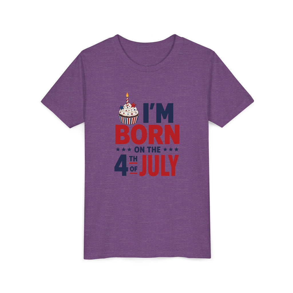 Born on the 4th of July Tee, Patriotic Birthday USA Shirt, Red White Blue Cupcake Graphic Top, Independence Day Celebration Outfit Youth Short Sleeve Tee