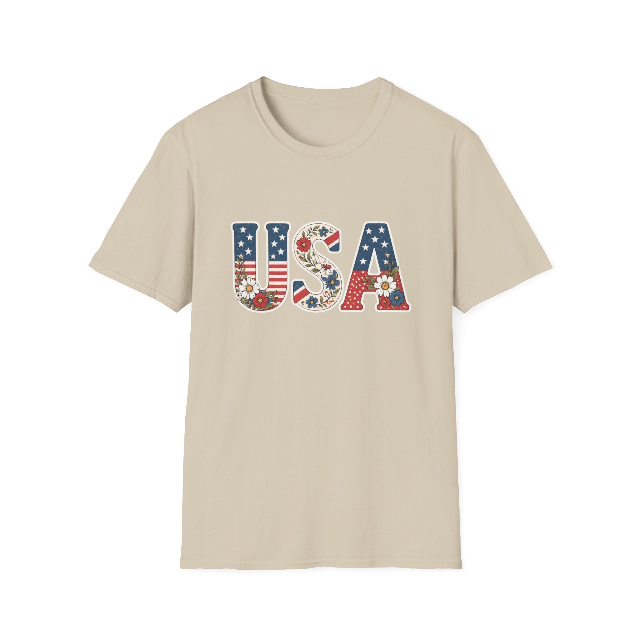 Floral USA T-Shirt, Cottagecore Patriotic Flower Letter Tee, 4th of July Wildflower America Shirt, Stars Stripes Daisy Poppy Gift, Vintage Botanical