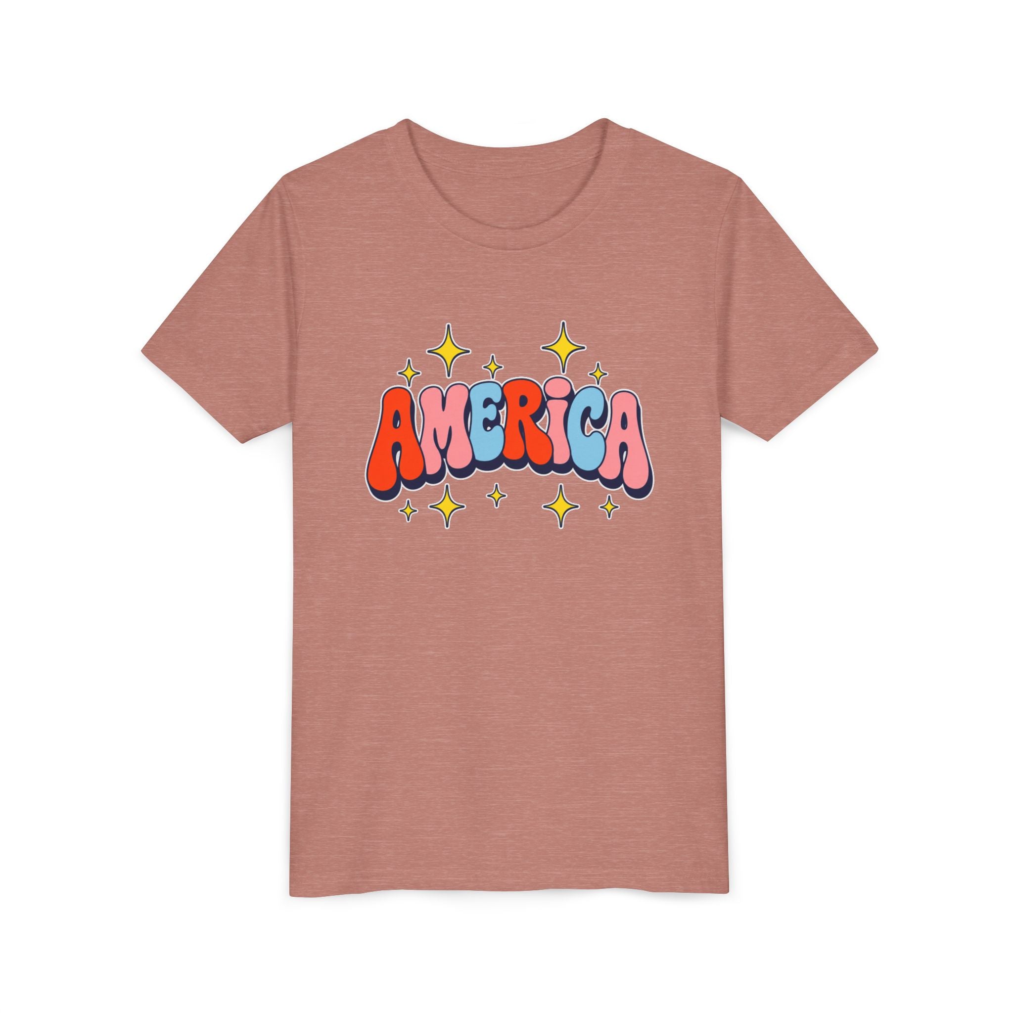 America Bubble Letters Tee, Patriotic Red Blue Graphic Shirt, Cute USA Star Design Top, Fourth of July Celebration Outfit Youth Short Sleeve Tee