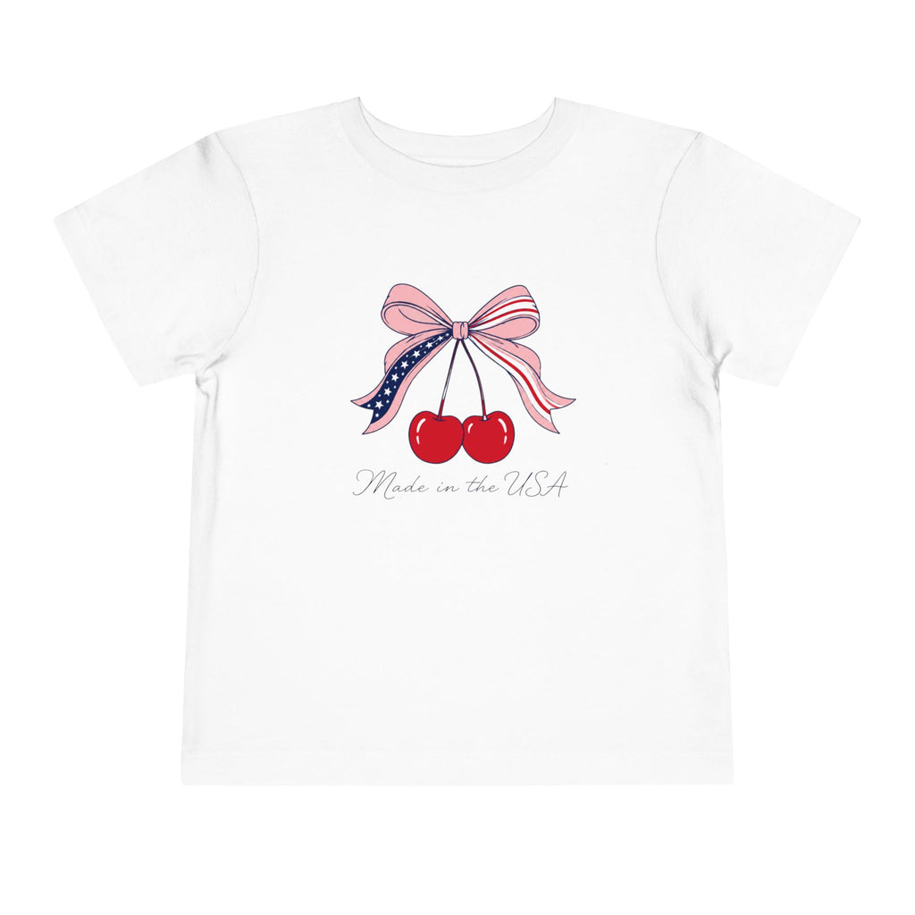 Made in the USA Cherry Tee, Patriotic Red White Blue Shirt, Cute Bow Fruit Graphic Top, Fourth of July Summer Outfit Toddler Short Sleeve Tee