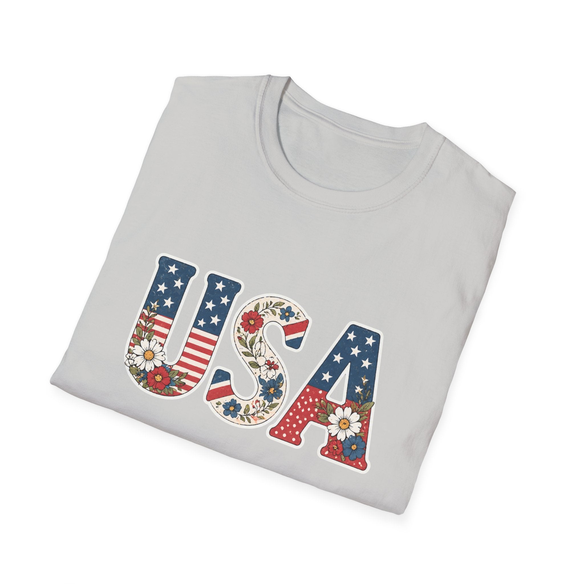 Floral USA T-Shirt, Cottagecore Patriotic Flower Letter Tee, 4th of July Wildflower America Shirt, Stars Stripes Daisy Poppy Gift, Vintage Botanical