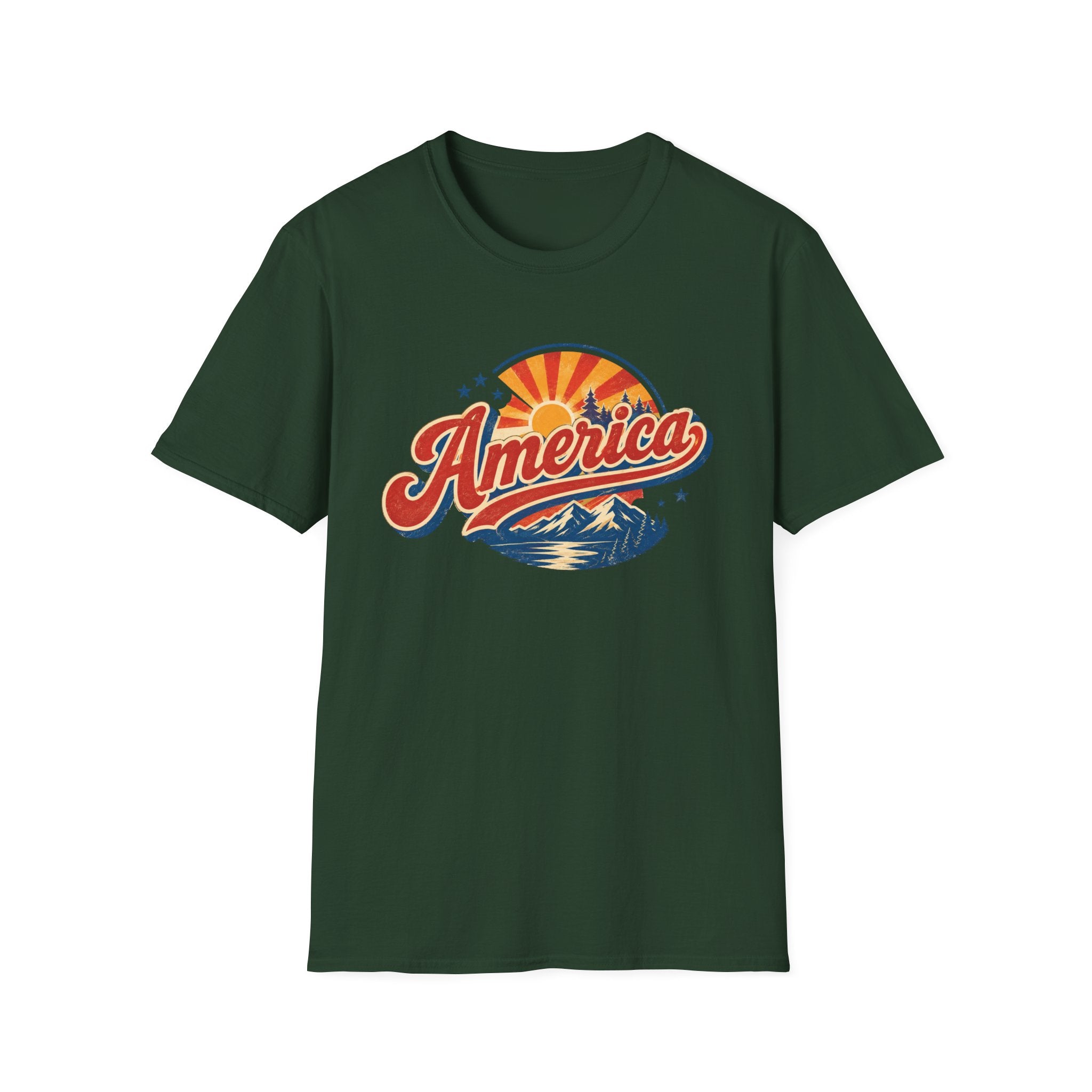Retro America Shirt 4th of July Vintage Mountain Graphic Tee Sunset Landscape Fourth July Patriotic Stars Nature Lover