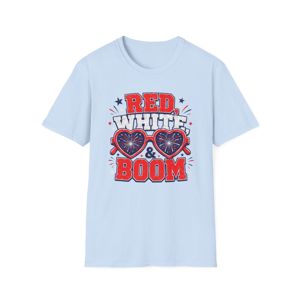 Red White Boom Sunglasses Shirt, Funny Patriotic Heart Glasses Firework Tee, 4th of July Pun Party T-Shirt, Retro Boom America Celebration Gift