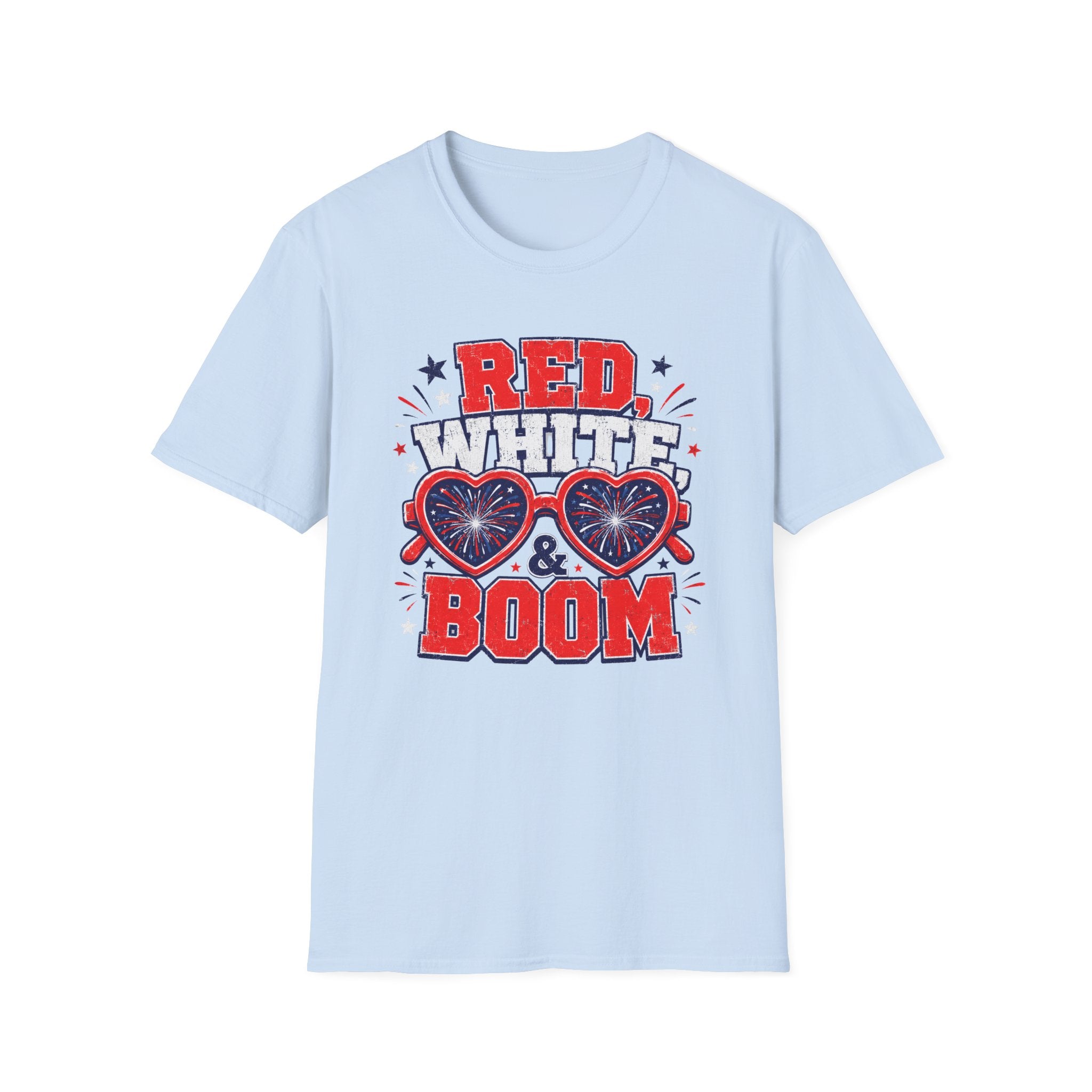Red White Boom Sunglasses Shirt, Funny Patriotic Heart Glasses Firework Tee, 4th of July Pun Party T-Shirt, Retro Boom America Celebration Gift