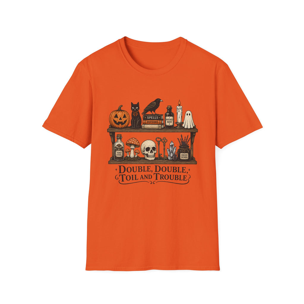 Halloween Potion Shelf T‑Shirt — "Double, Double, Toil and Trouble"