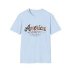 America 250 Years of Freedom Patchwork Shirt, Retro Patriotic Script Tee 1776 2026, 4th of July Vintage Americana T-Shirt, Gingham Stars Scrollwork Anniversary
