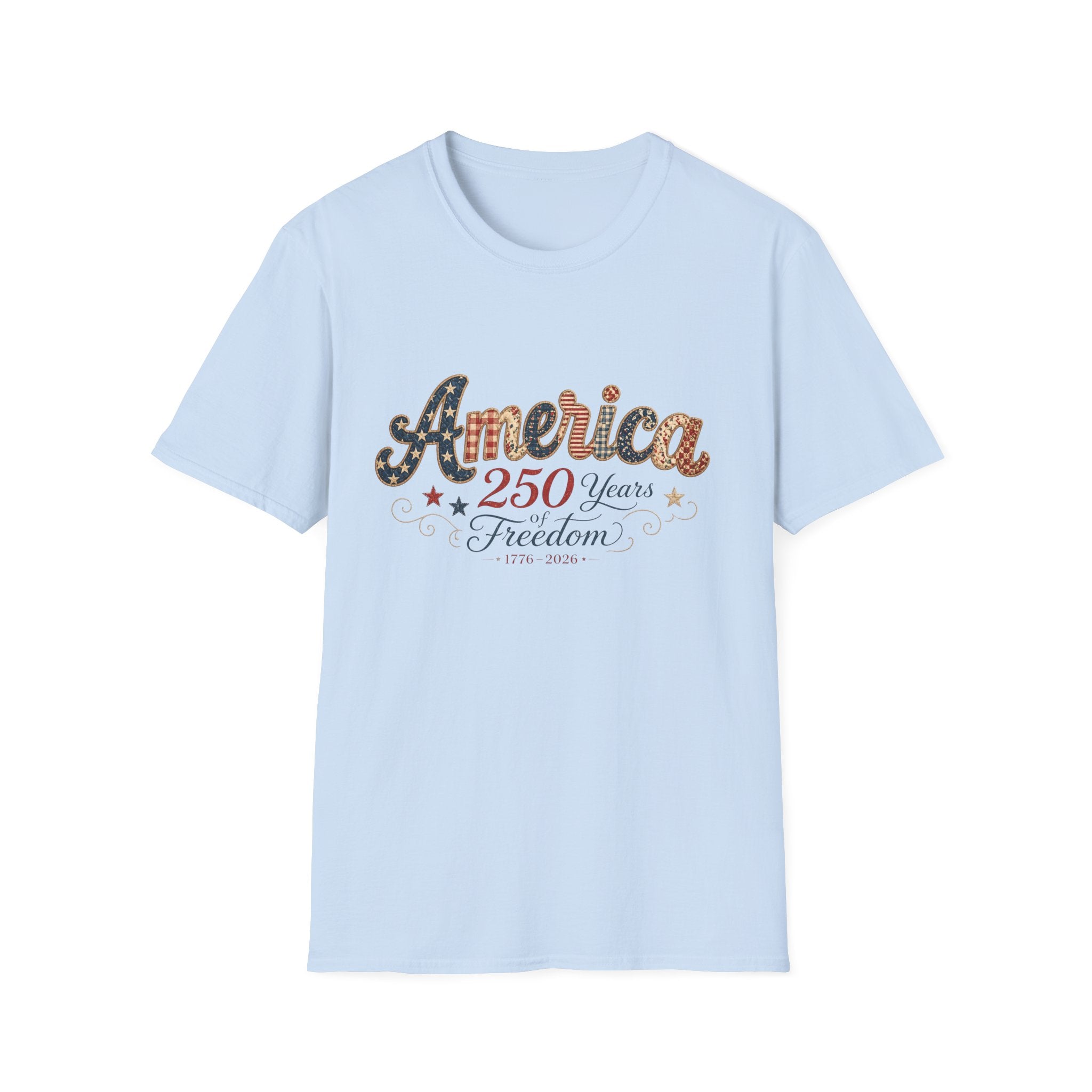 America 250 Years of Freedom Patchwork Shirt, Retro Patriotic Script Tee 1776 2026, 4th of July Vintage Americana T-Shirt, Gingham Stars Scrollwork Anniversary