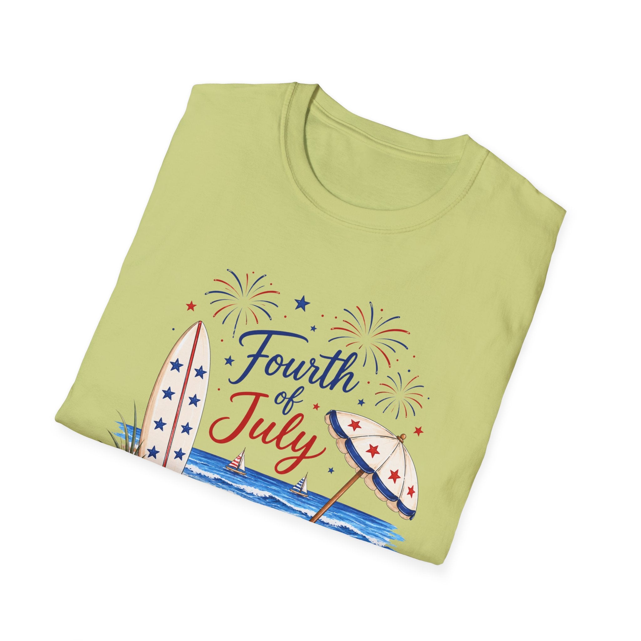 Fourth of July Beach Scene T-Shirt, Patriotic Summer Ocean Surfboard Tee, 4th of July Beach Vacation Shirt, Fireworks Umbrella Surfboard America