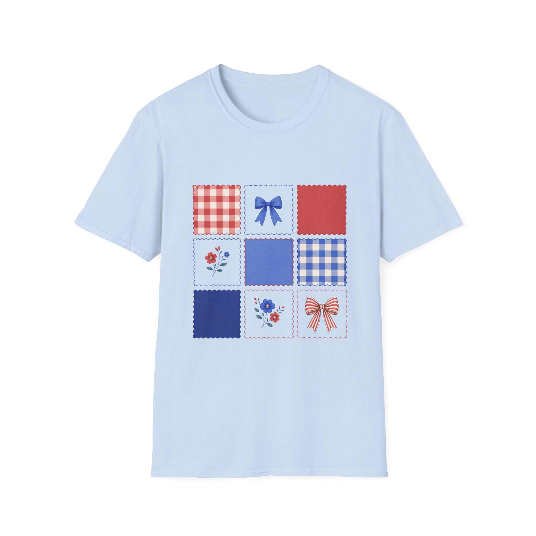 Patriotic Quilt Patch T-Shirt, Coquette Bow Gingham Nine Patch Tee, Cottagecore 4th of July Grid Shirt, Red Blue Floral Folk Quilt Square