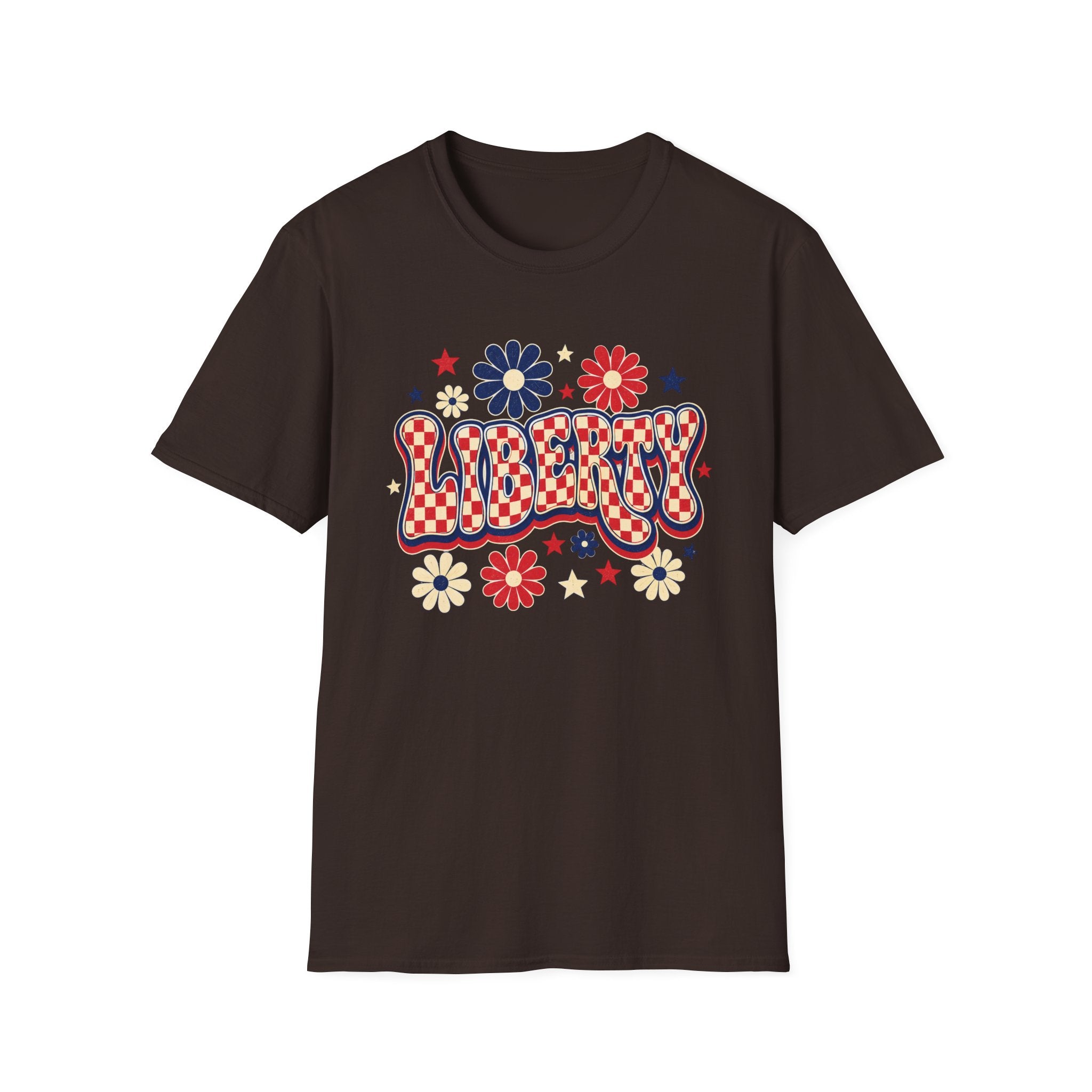 Liberty Retro USA Tee, Vintage Red White Blue Shirt, Patriotic Floral Graphic Top, Fourth of July Celebration Outfit Unisex Softstyle T-Shirt
