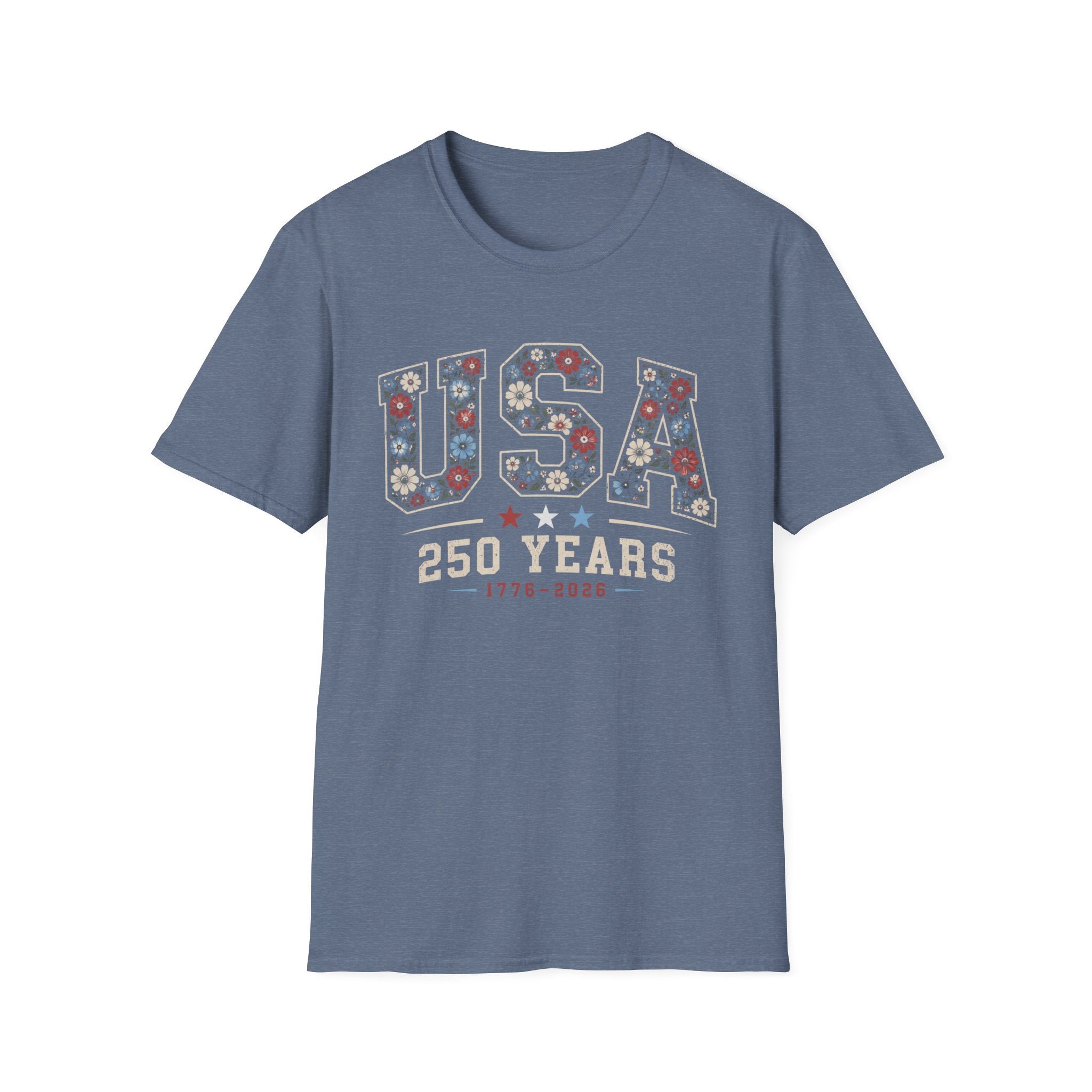 USA 250 Years T-Shirt | Semiquincentennial Patriotic Floral Graphic Tee, 1776 2026 Varsity Block Lettering Top