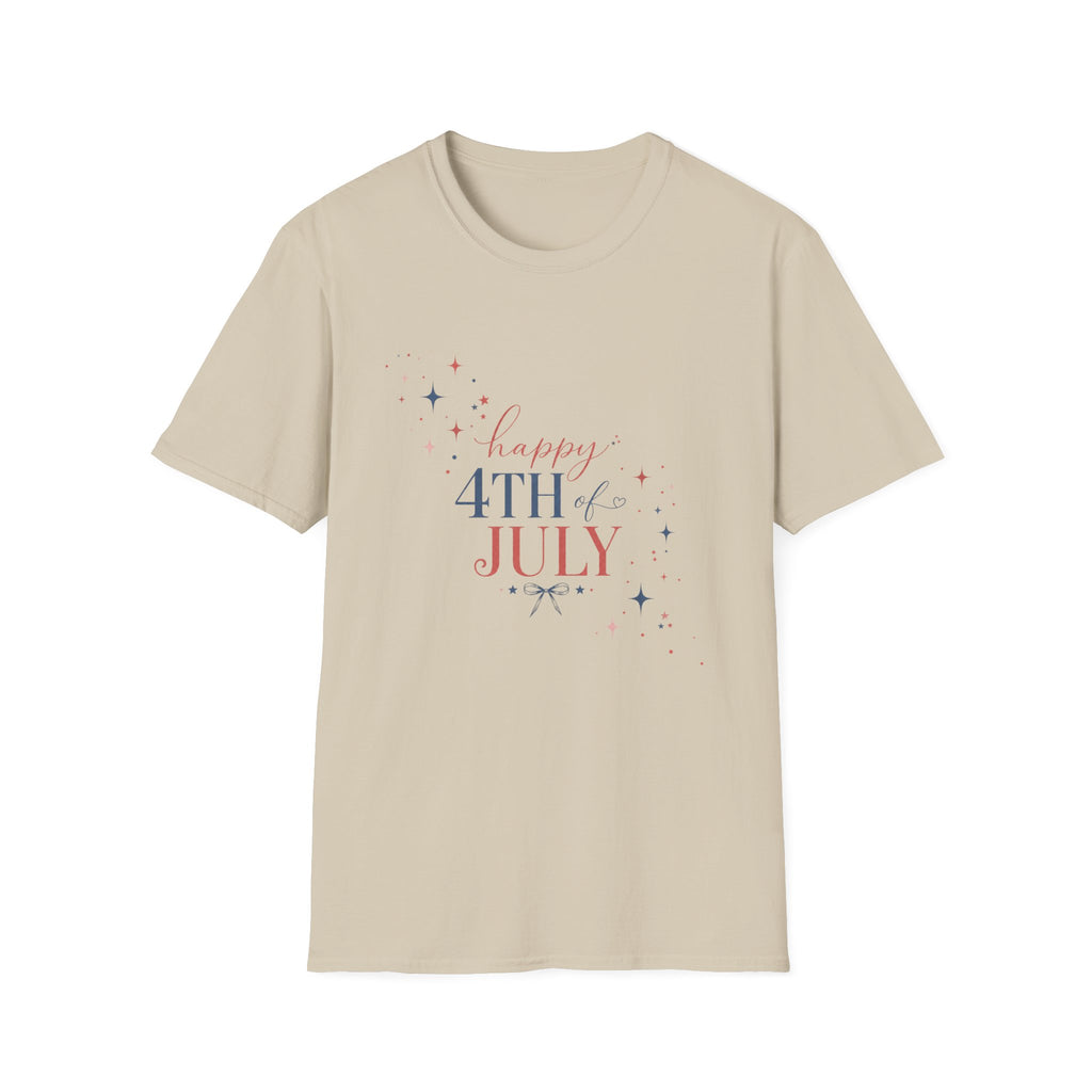 Happy 4th of July Sparkle Bow T-Shirt, Coquette Patriotic Sparkle Star Tee, Feminine Independence Day Shirt, Cute Mixed Typography 4th July