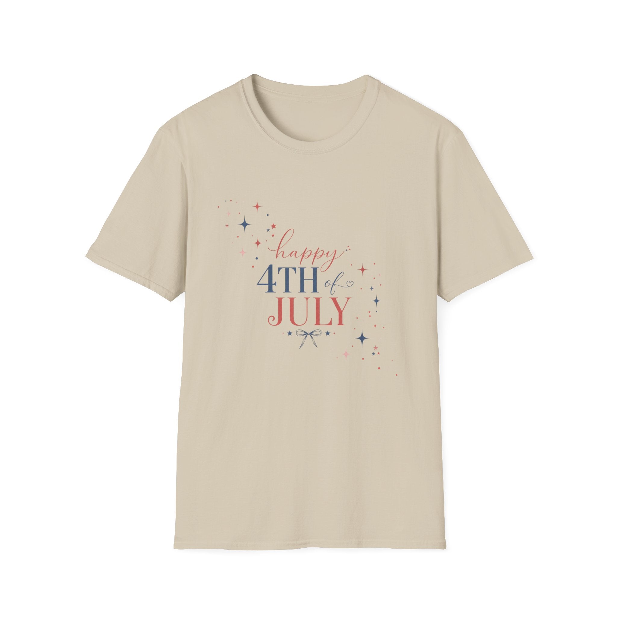 Happy 4th of July Sparkle Bow T-Shirt, Coquette Patriotic Sparkle Star Tee, Feminine Independence Day Shirt, Cute Mixed Typography 4th July