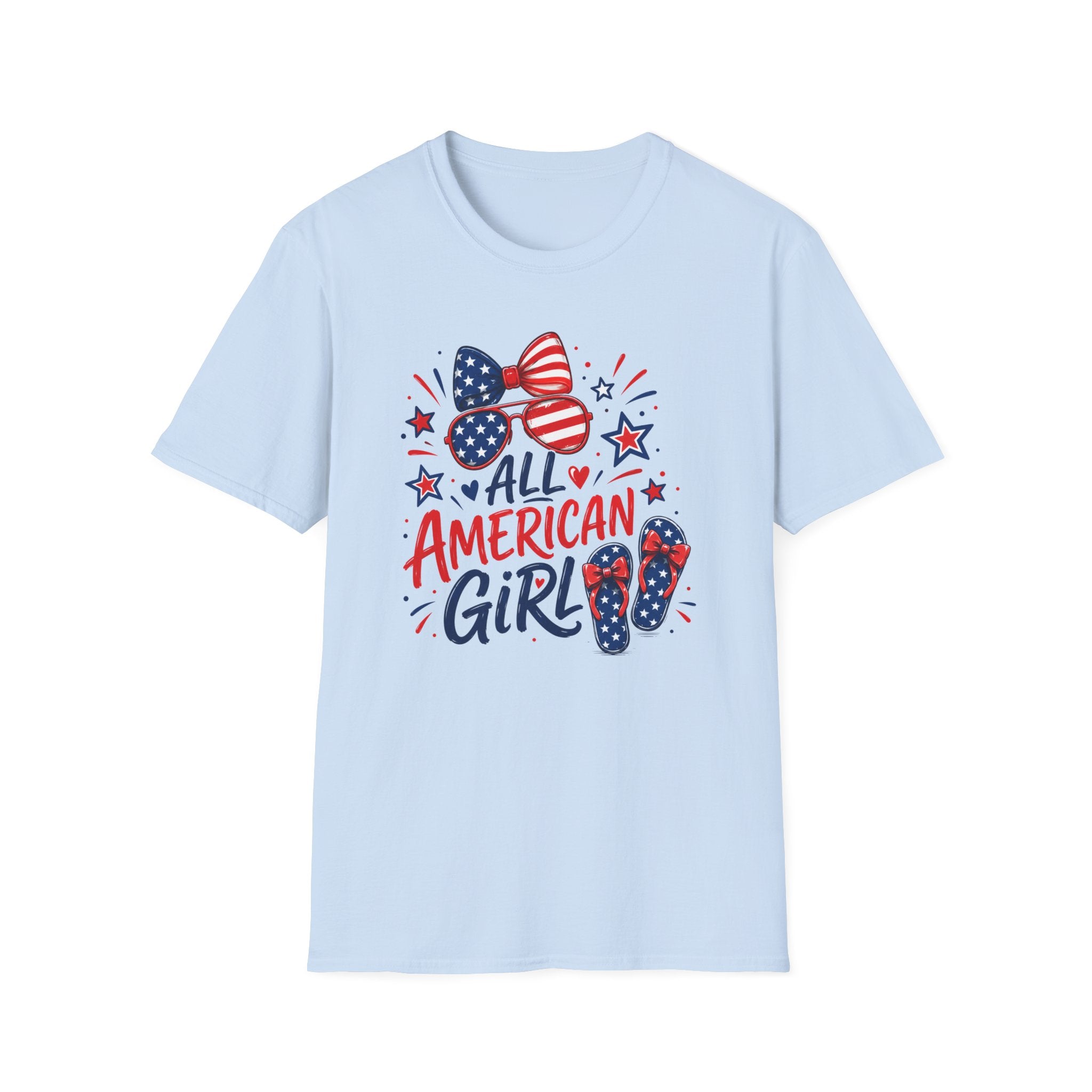 All American Girl Tee, Patriotic Bow Flip Flops Shirt, Red White Blue Graphic Top, Cute USA Fourth of July Outfit T-Shirt