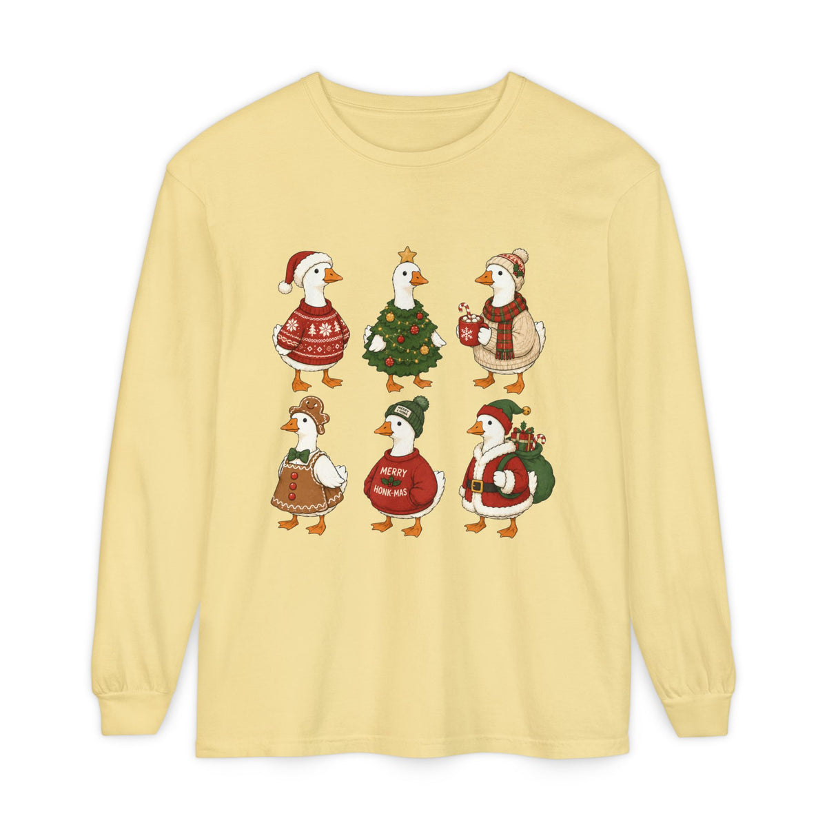 Cute Christmas Geese Holiday Ducks in Sweaters & Tree Long Sleeve T-shirt