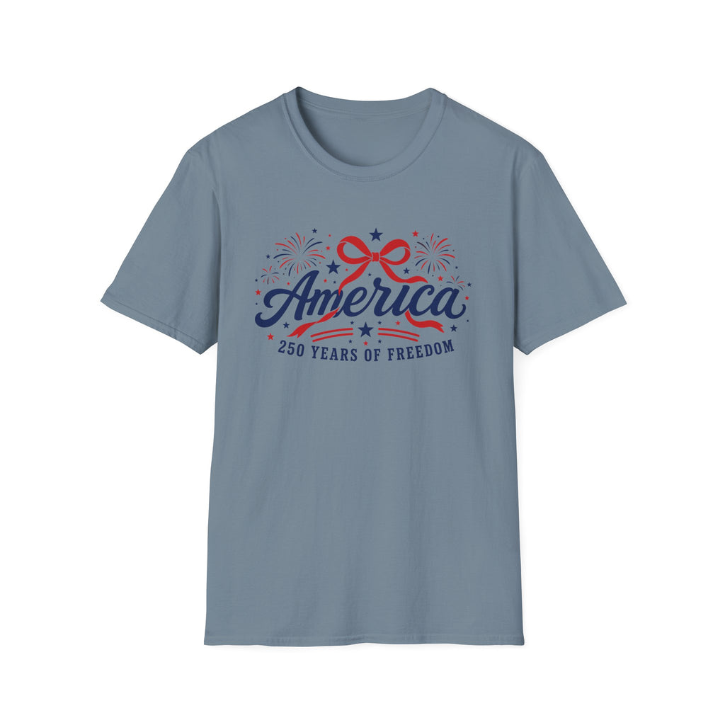 America 250 Years Of Freedom T-Shirt | Semiquincentennial Patriotic Fireworks Tee, Coquette Ribbon Bow Holiday Clothing