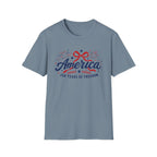 America 250 Years Of Freedom T-Shirt | Semiquincentennial Patriotic Fireworks Tee, Coquette Ribbon Bow Holiday Clothing