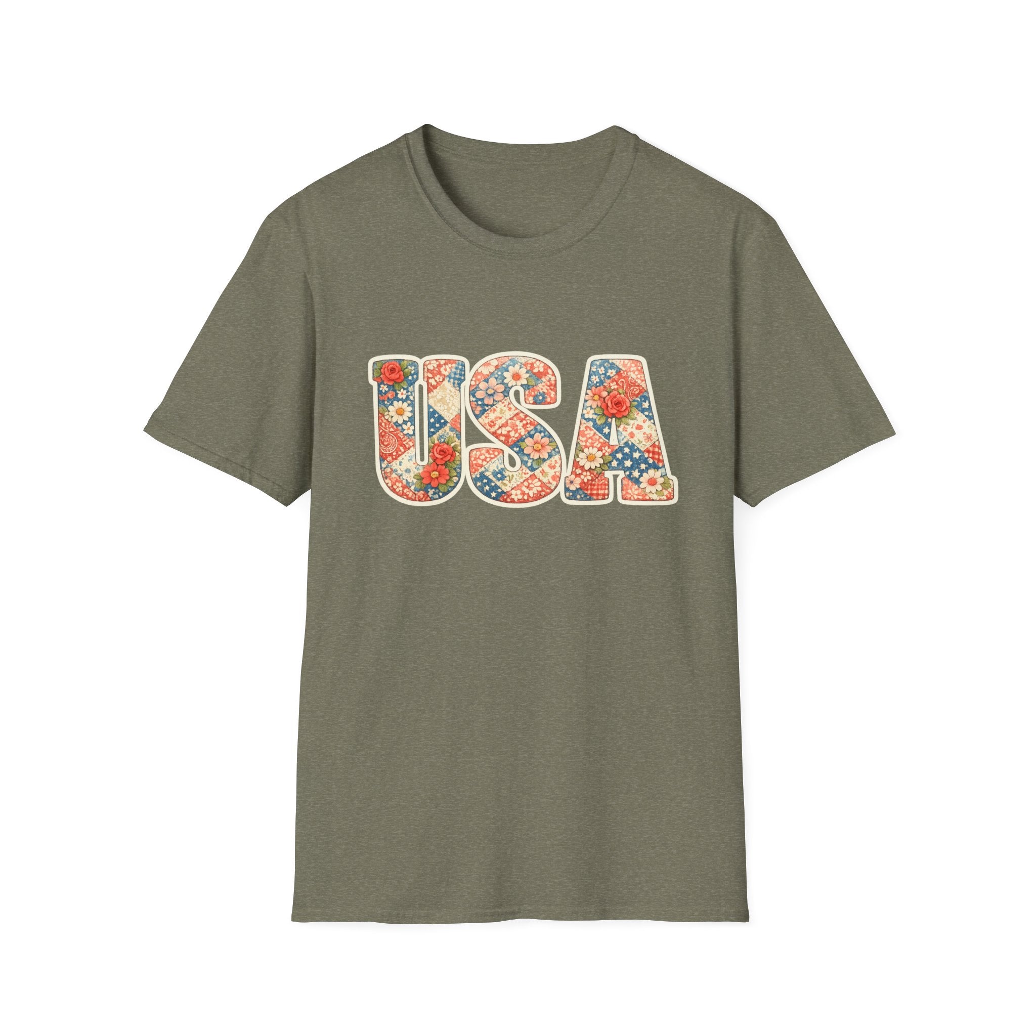 USA Floral Patchwork T-Shirt | Patriotic Block Lettering Graphic Tee, Fourth Of July Vintage Cottagecore Top