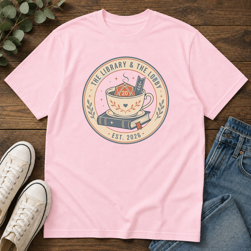 Library & The Lobby Tea Cup T‑Shirt — 'The Library & The Lobby' Vintage Bookstore Tee