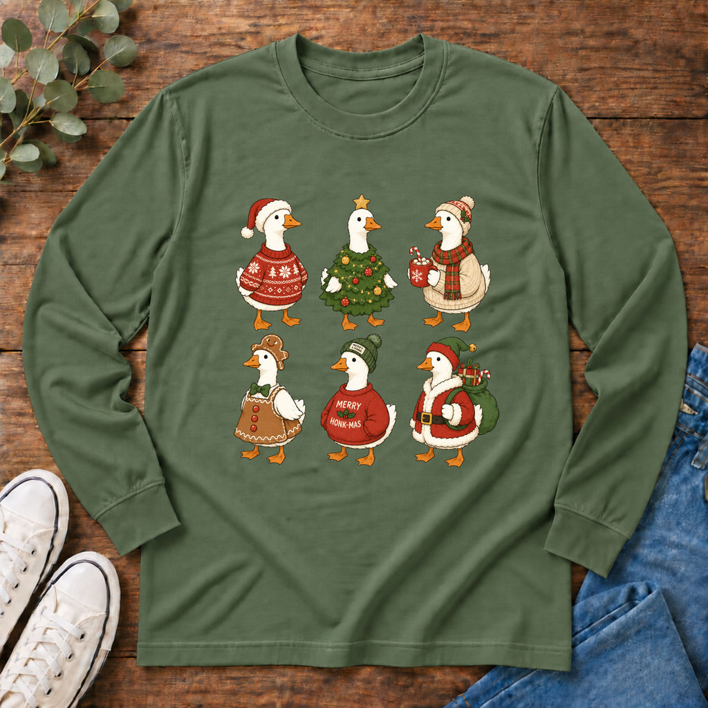 Cute Christmas Geese Holiday Ducks in Sweaters & Tree Long Sleeve T-shirt