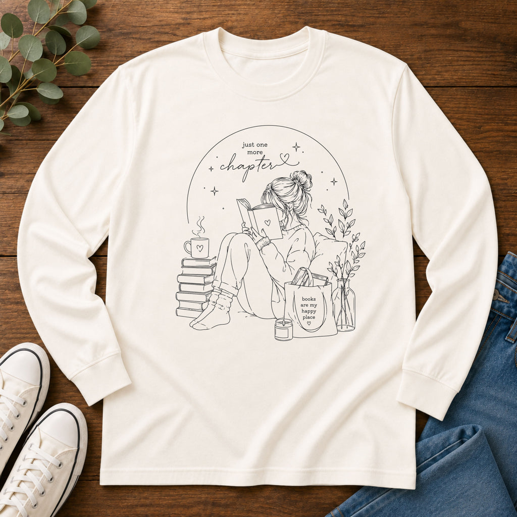 Reading Girl Long Sleeve Tee — "New Chapter" Cozy Booklover Shirt