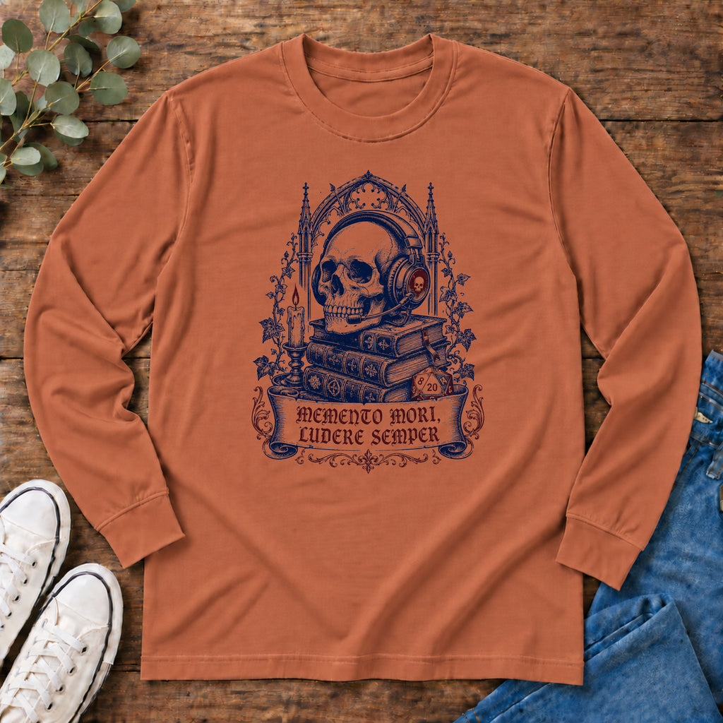 Gothic Skull 'Memento Mori' Bookstack Design - Long Sleeve T-Shirt