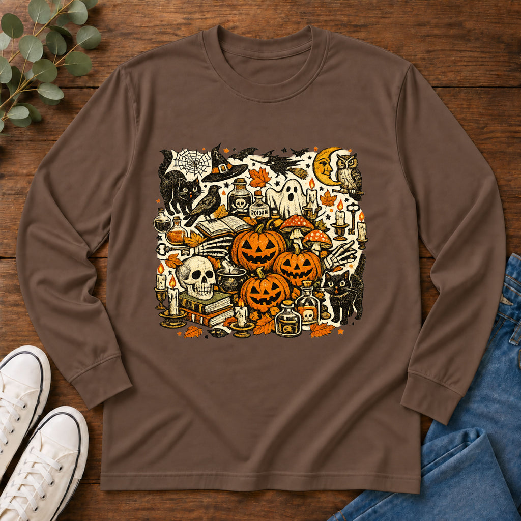 Halloween Vintage Pumpkins, Cats & Spooky Night Long Sleeve T-Shirt