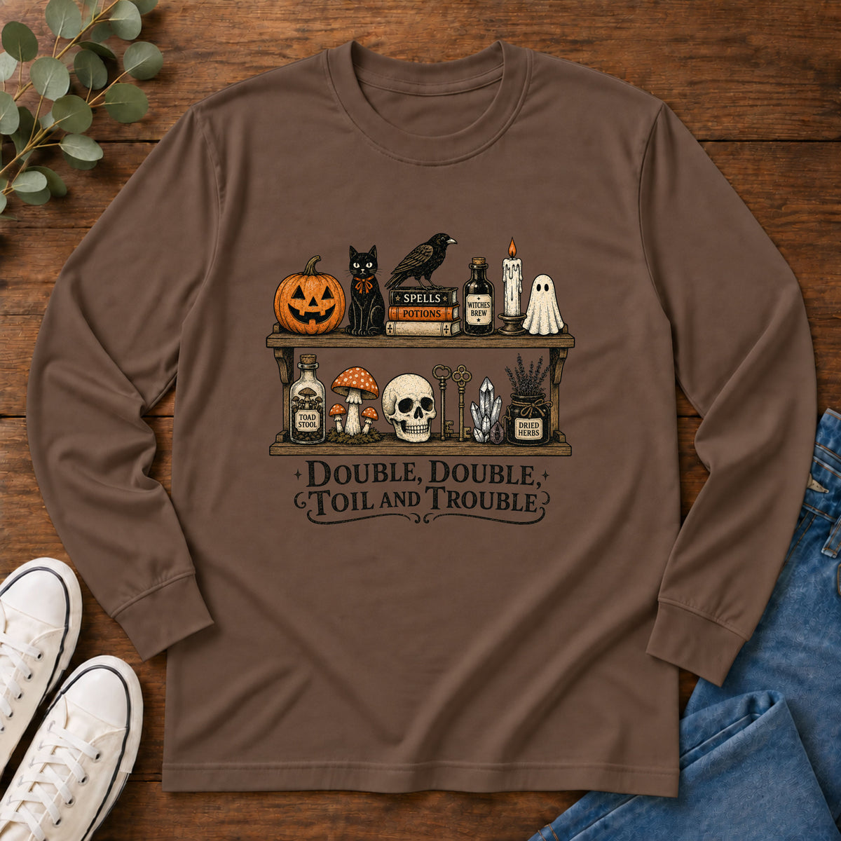 Halloween Potion Shelf "Double, Double, Toil and Trouble" Long Sleeve T-Shirt