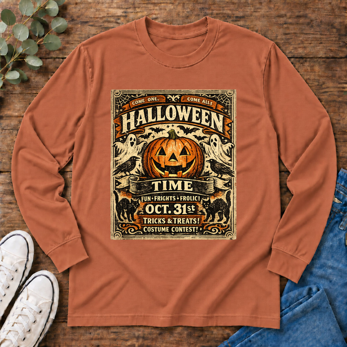 Halloween Time Vintage Jack-O'-Lantern & Ghosts Long Sleeve T-Shirt