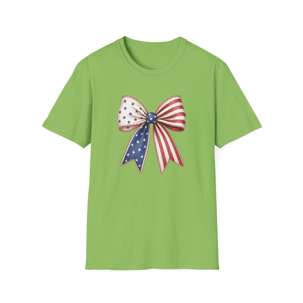 Patriotic American Flag Bow Tee, USA Pride Graphic Shirt, Fourth of July Outfit, Cute Red White Blue Bow Top