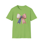 Patriotic American Flag Bow Tee, USA Pride Graphic Shirt, Fourth of July Outfit, Cute Red White Blue Bow Top