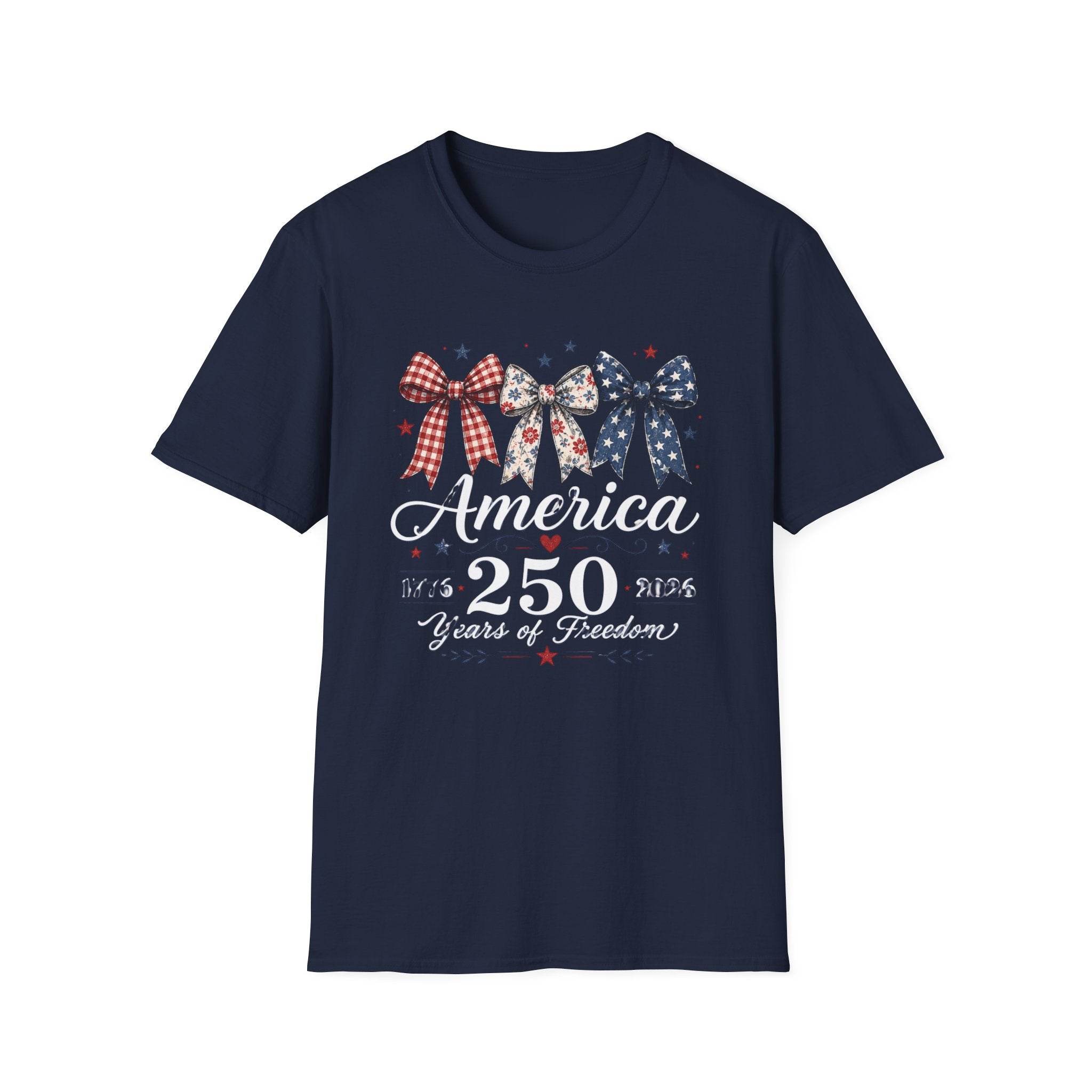 America 250 Years Of Freedom T-Shirt | Patriotic Coquette Ribbon Bow Graphic Tee, 1776 2026 Semiquincentennial Top