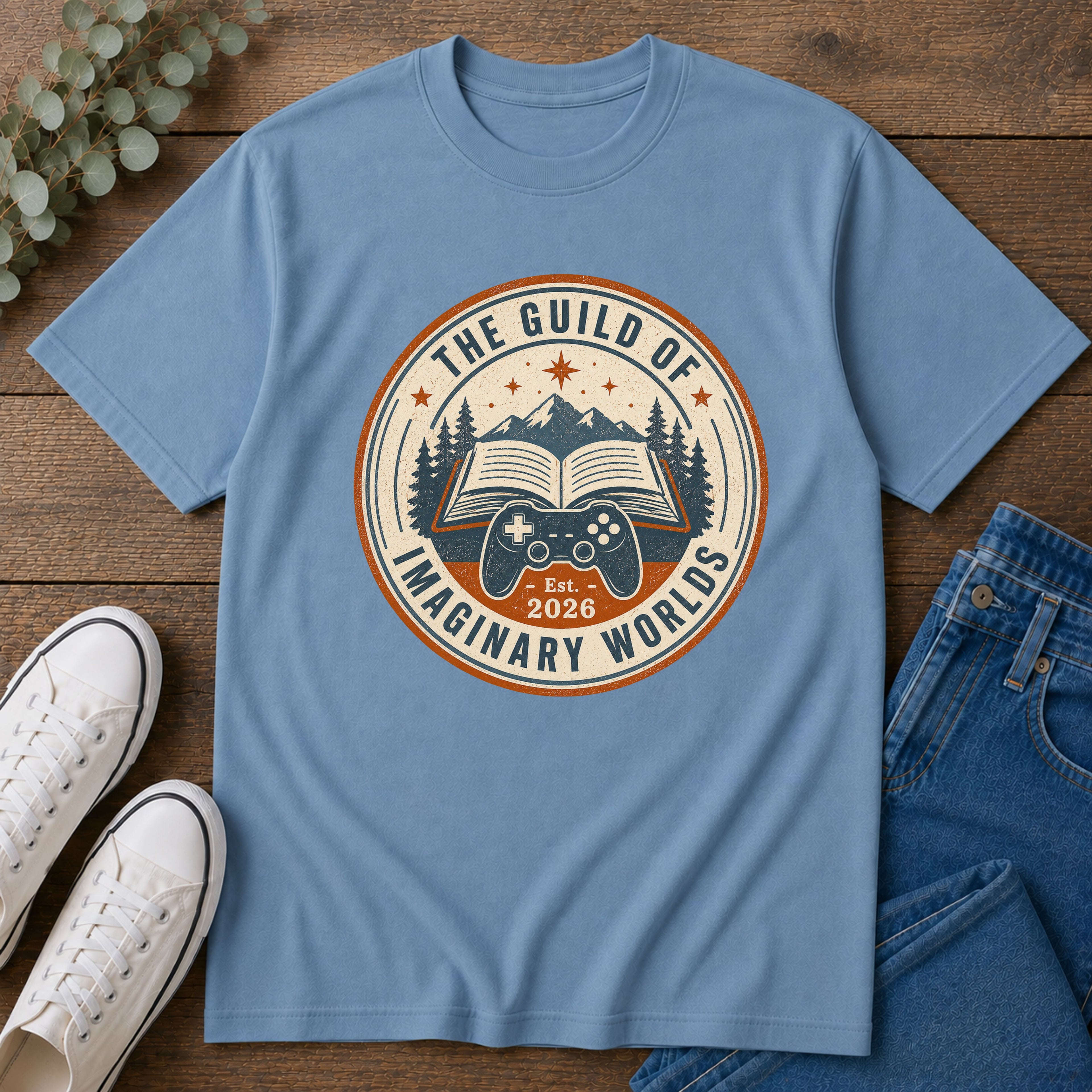 Guild of Imaginary Worlds T‑Shirt — Vintage Book & Adventure Logo