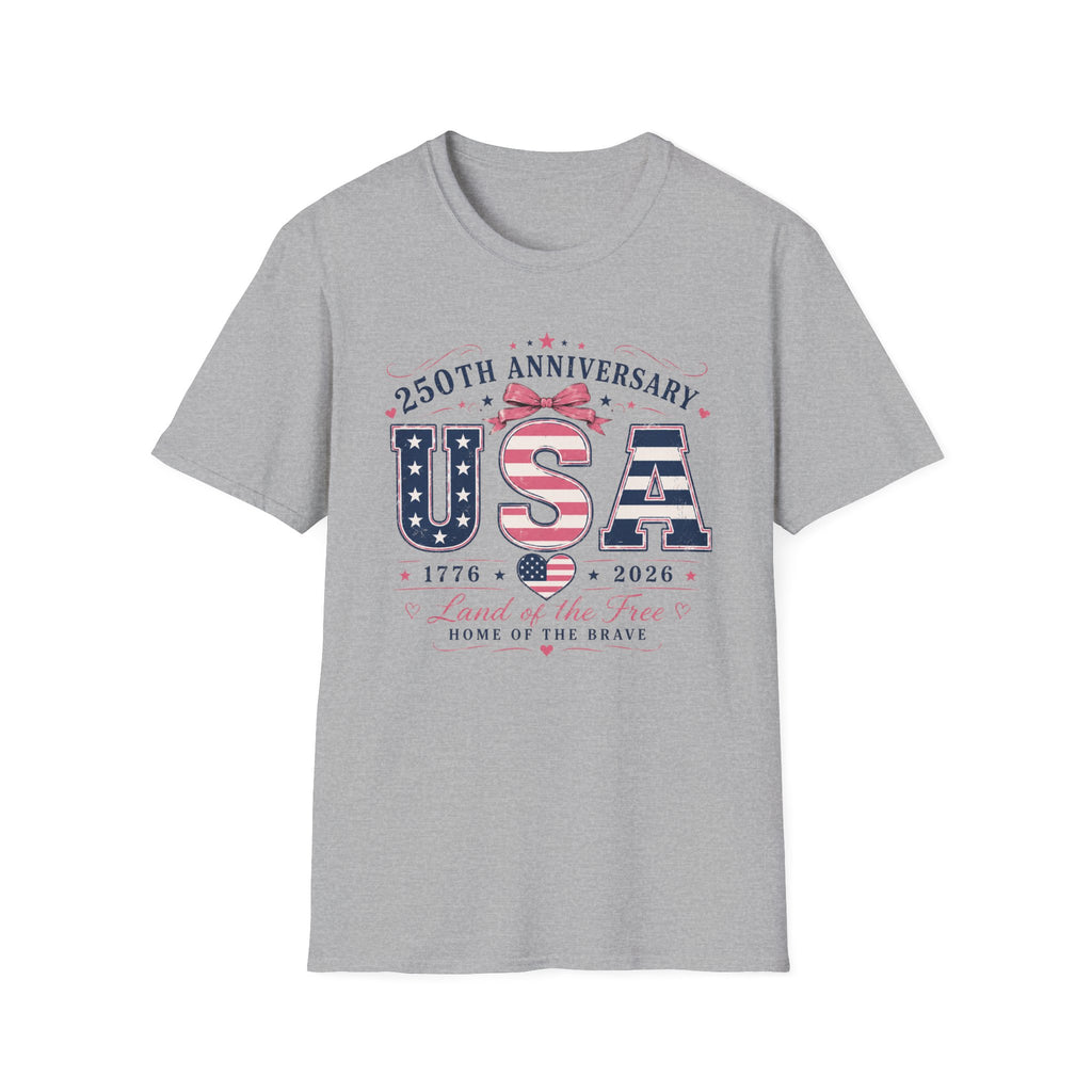 250th Anniversary USA Coquette Bow Shirt, Land of the Free Home of the Brave Women's Tee, Varsity Stars Stripes Heart 1776 2026 T-Shirt