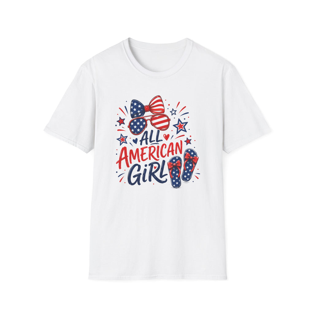 All American Girl Tee, Patriotic Bow Flip Flops Shirt, Red White Blue Graphic Top, Cute USA Fourth of July Outfit T-Shirt