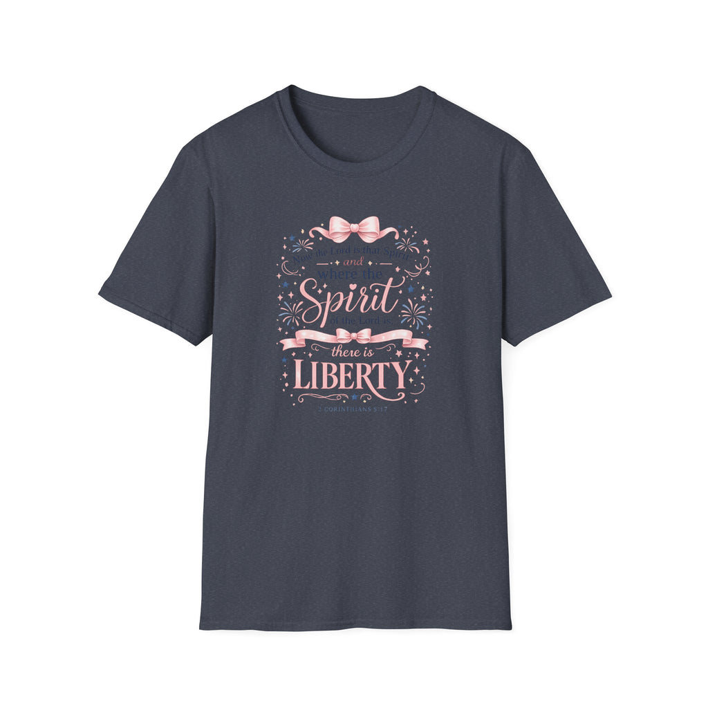 Where The Spirit Of The Lord Is Liberty T-Shirt | Christian Bible Verse Graphic Tee, Pink Coquette Ribbon Bow Top