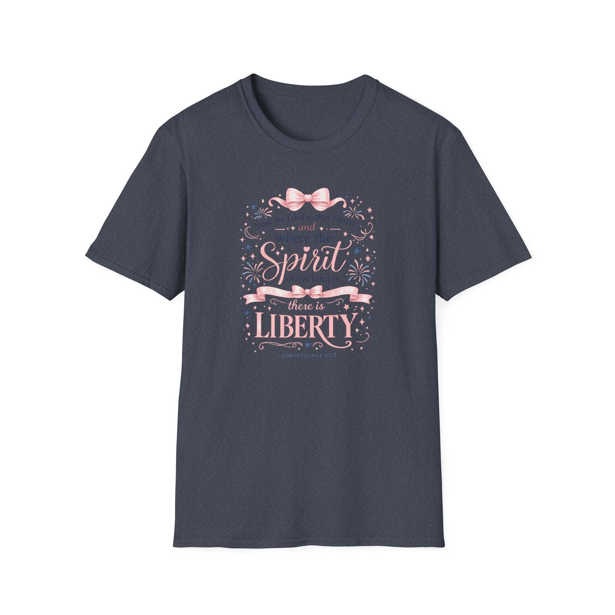 Where The Spirit Of The Lord Is Liberty T-Shirt | Christian Bible Verse Graphic Tee, Pink Coquette Ribbon Bow Top