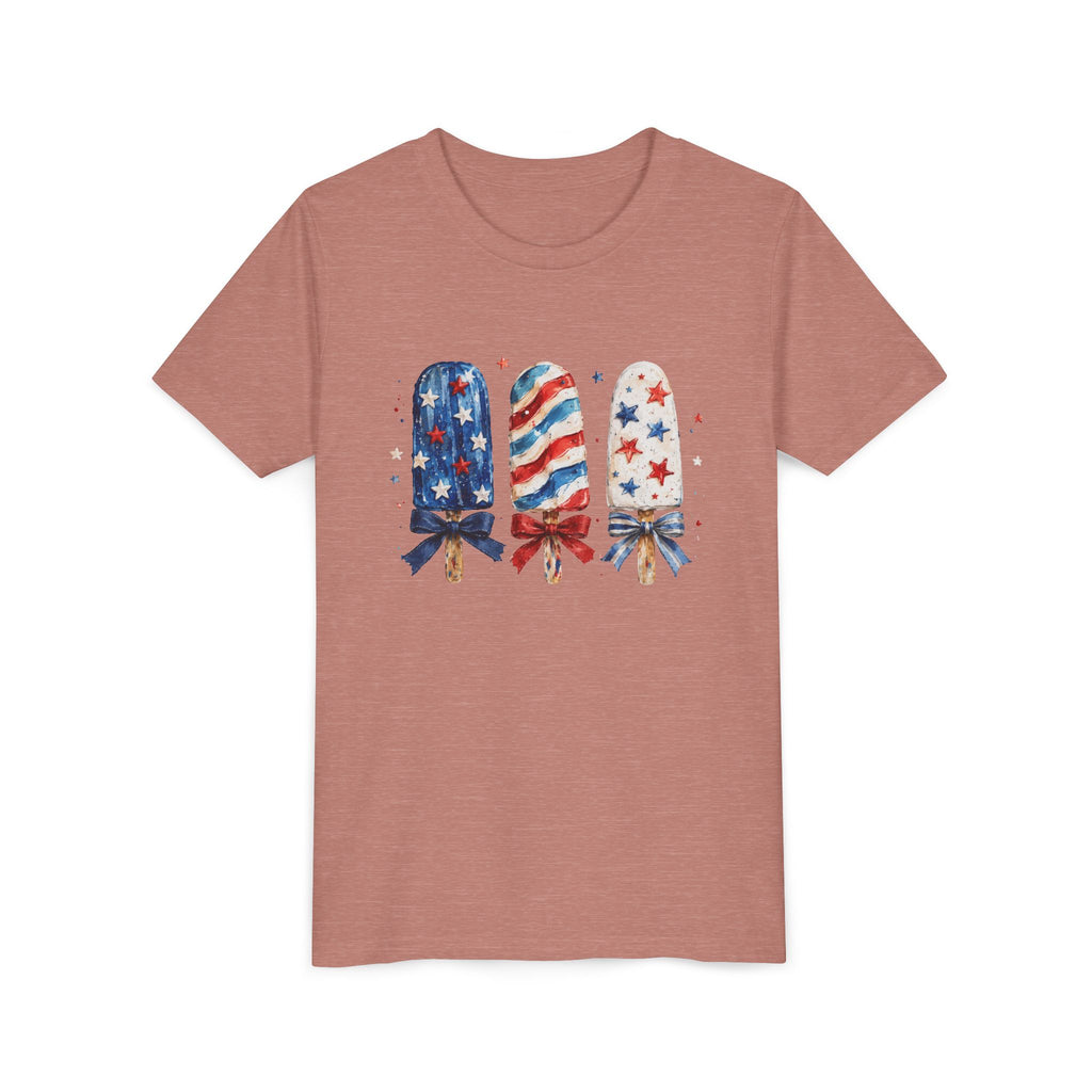 Patriotic Popsicle Trio Tee, Red White Blue Bow Shirt, Cute USA Summer Graphic Top, Fourth of July Celebration Outfit Youth Short Sleeve Tee