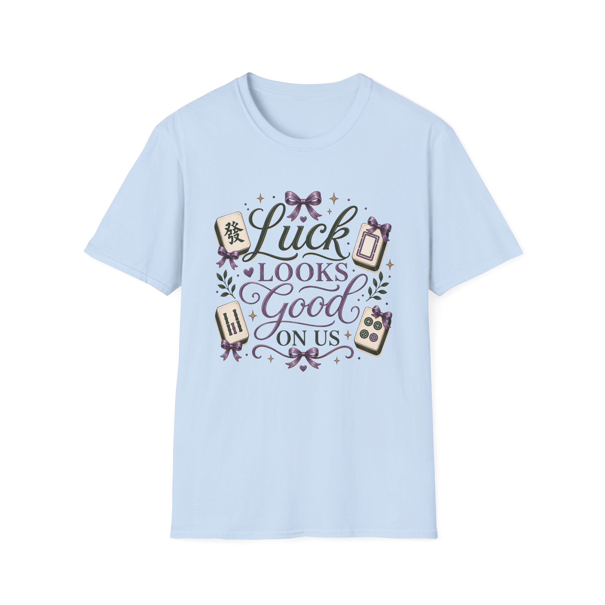 T-Shirt — "Luck Looks Good On Us" Graphic Tee (Mahjong & Charm Design)