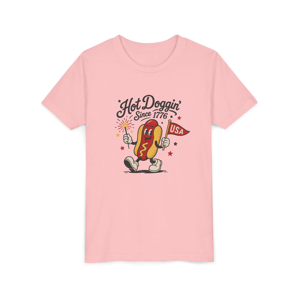 Hot Doggin Since 1776 Tee, Patriotic USA Hot Dog Shirt, Funny Summer Cartoon Graphic Top, Fourth of July Celebration Outfit Youth Short Sleeve Tee