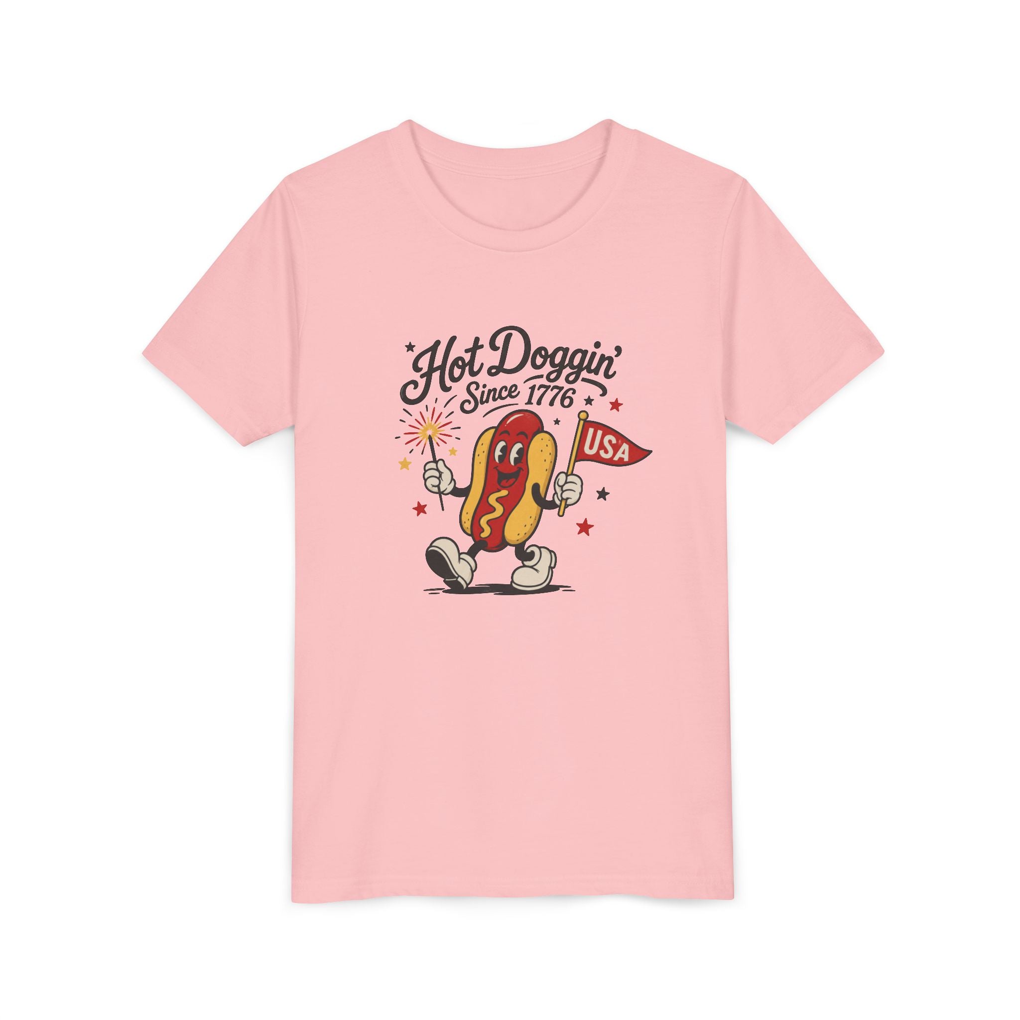Hot Doggin Since 1776 Tee, Patriotic USA Hot Dog Shirt, Funny Summer Cartoon Graphic Top, Fourth of July Celebration Outfit Youth Short Sleeve Tee