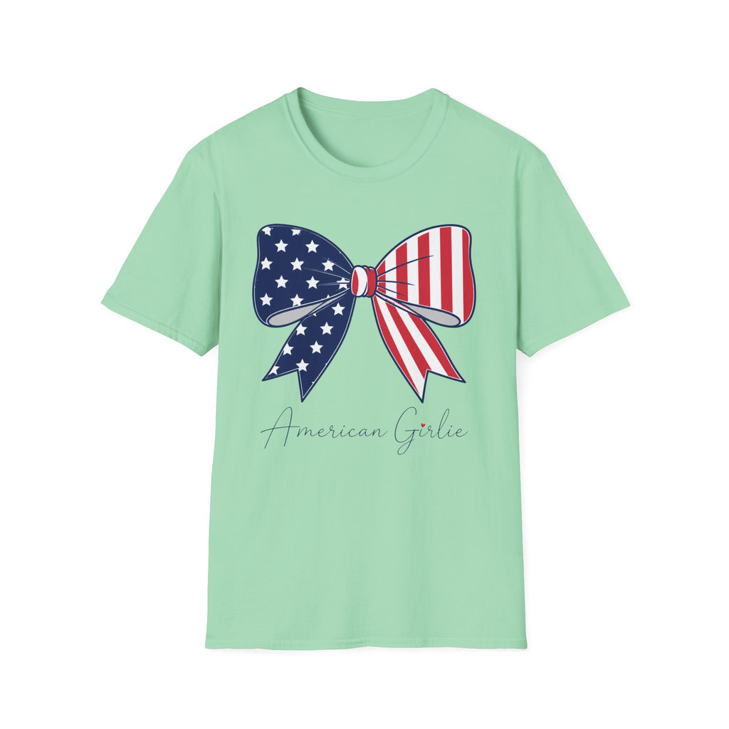 American Girl T-Shirt, Coquette Patriotic Flag Bow Tee, 4th of July Shirt, USA Stars Stripes Bow Script Gift, Cute Independence Day Tee